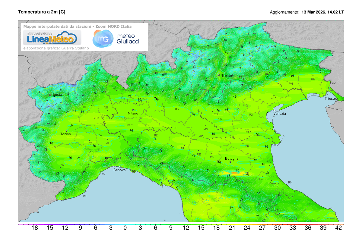 Temperature realtime al suolo 2 metri sulle regioni del nord