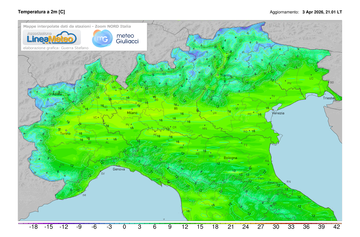 Temperature realtime al suolo 2 metri sulle regioni del nord