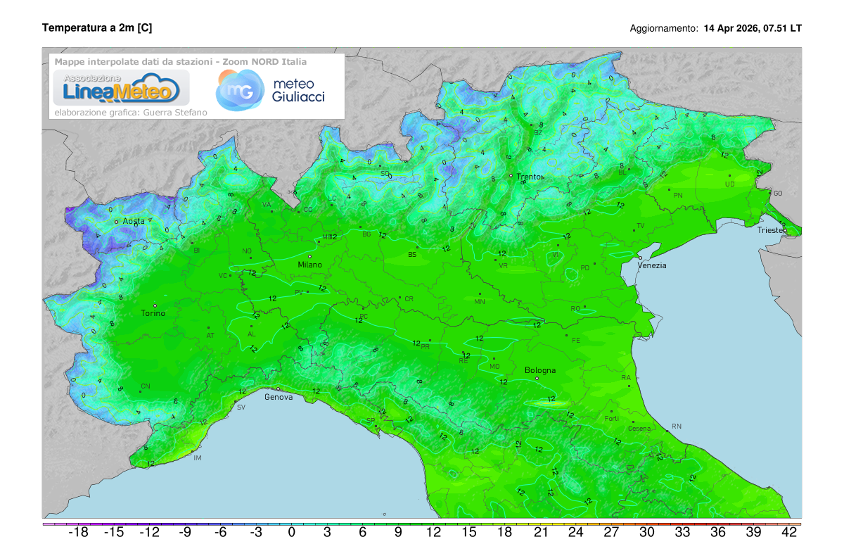 Temperature realtime al suolo 2 metri sulle regioni del nord