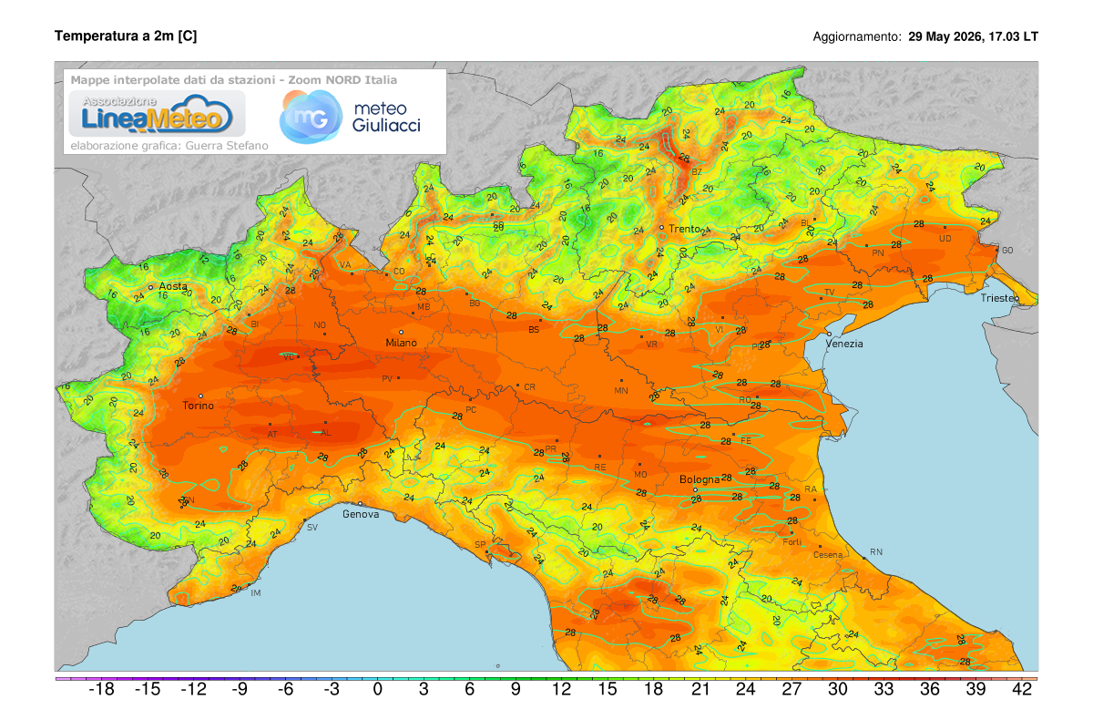 Temperature realtime al suolo 2 metri sulle regioni del nord