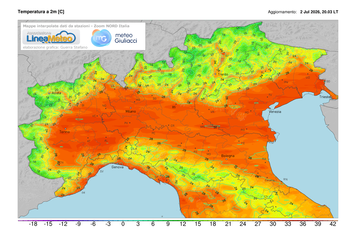 Temperature realtime al suolo 2 metri sulle regioni del nord