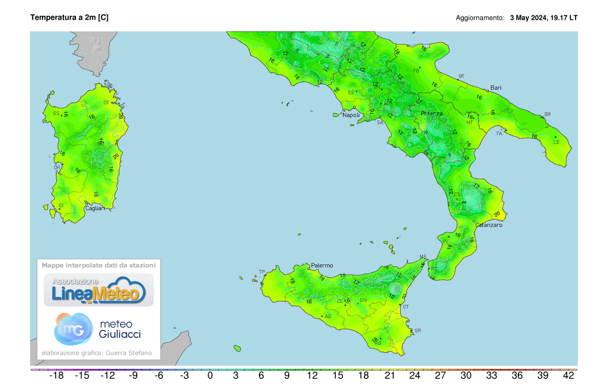 Temperature realtime al suolo 2 metri Sud Italia