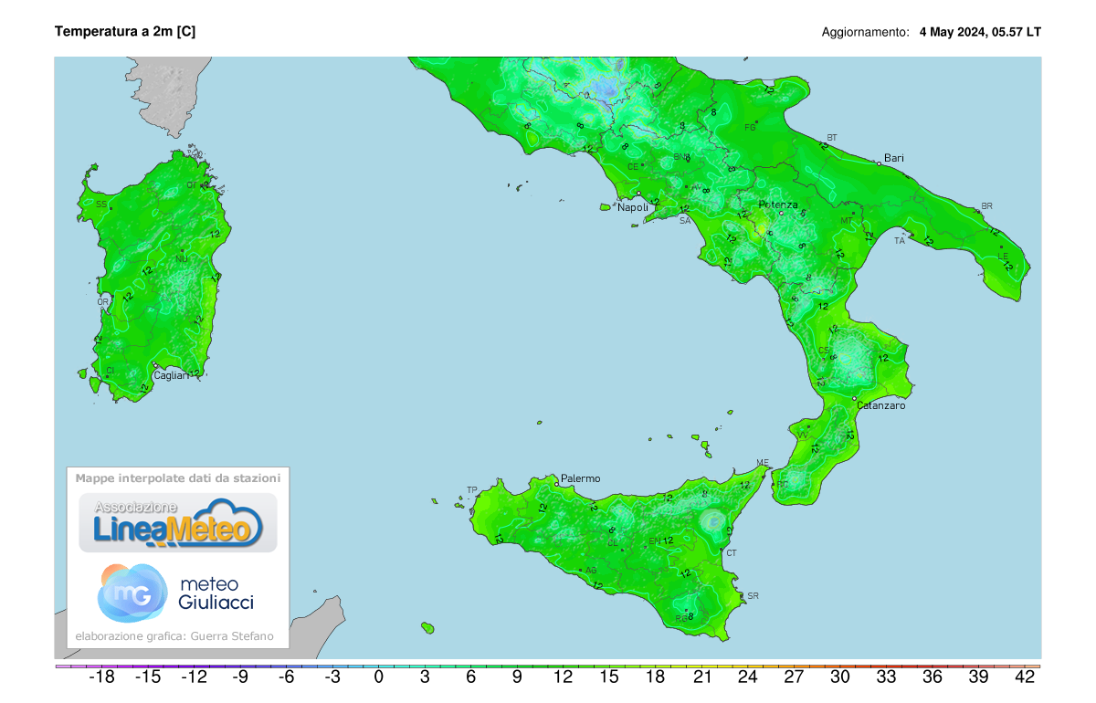 Temperature realtime al suolo 2 metri Sud Italia