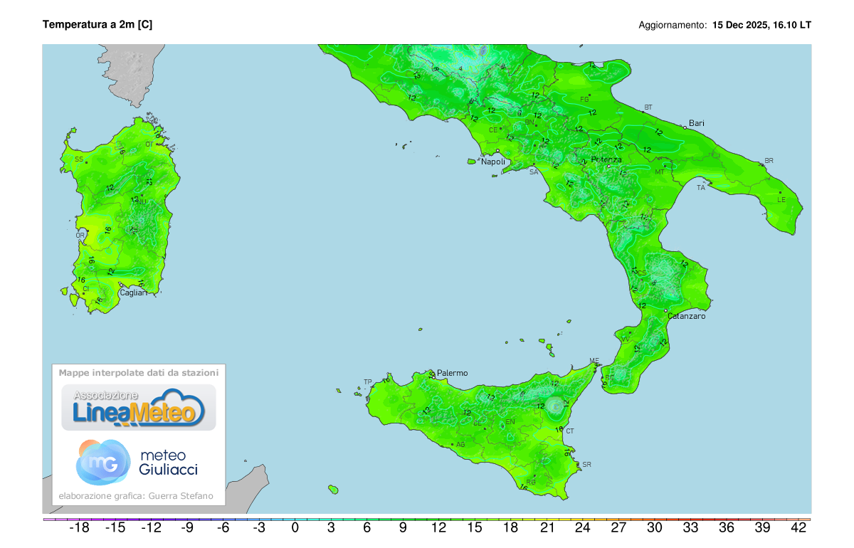Temperature realtime al suolo 2 metri sulle regioni del sud