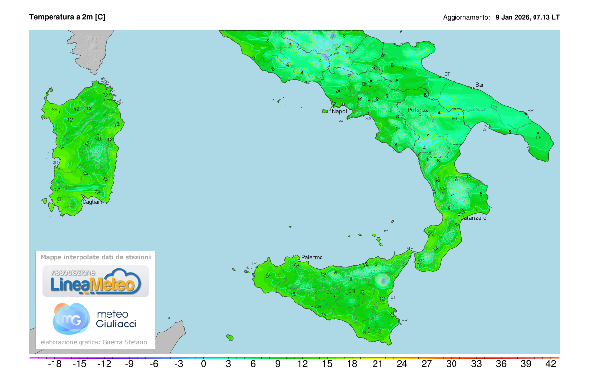 Temperature realtime al suolo 2 metri sulle regioni del sud