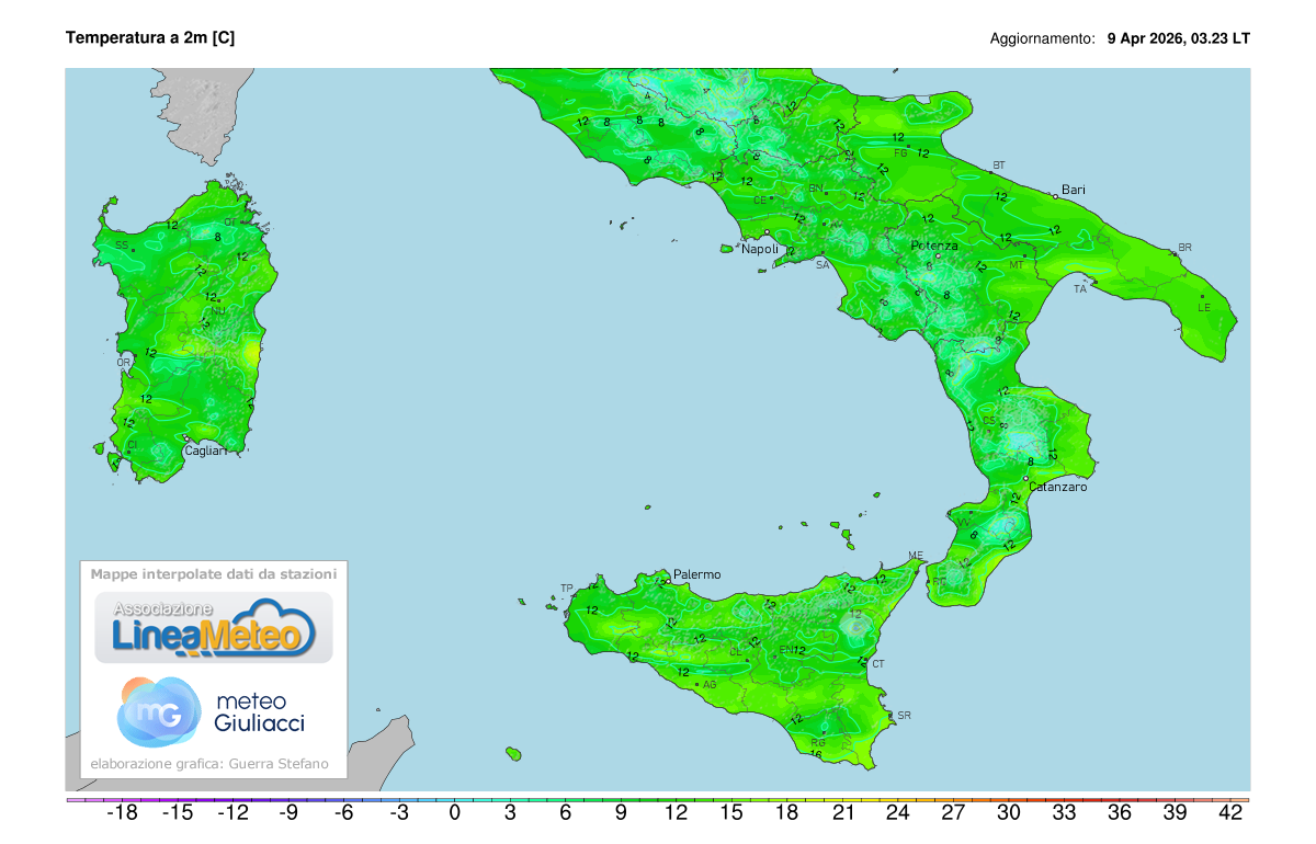 Temperature realtime al suolo 2 metri sulle regioni del sud
