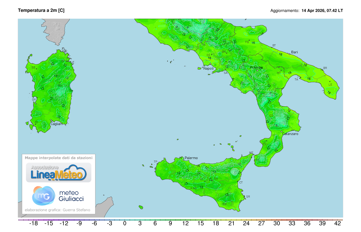 Temperature realtime al suolo 2 metri sulle regioni del sud