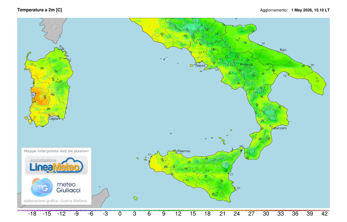 Temperature realtime al suolo 2 metri sulle regioni del sud