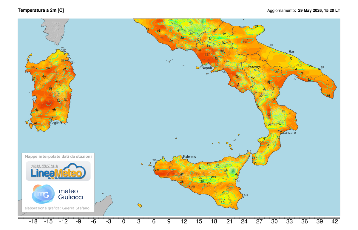 Temperature realtime al suolo 2 metri sulle regioni del sud