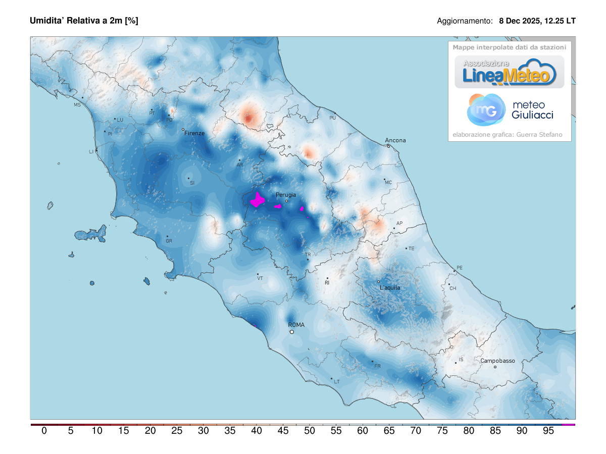 Valori di umidità relativa attuale sulle regioni del centro