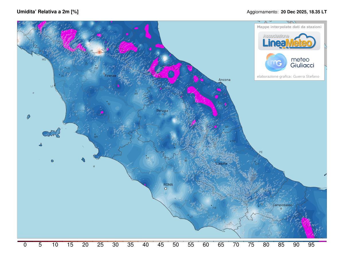 Valori di umidità relativa attuale sulle regioni del centro