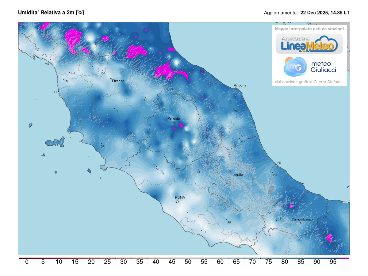 Valori di umidità relativa attuale sulle regioni del centro