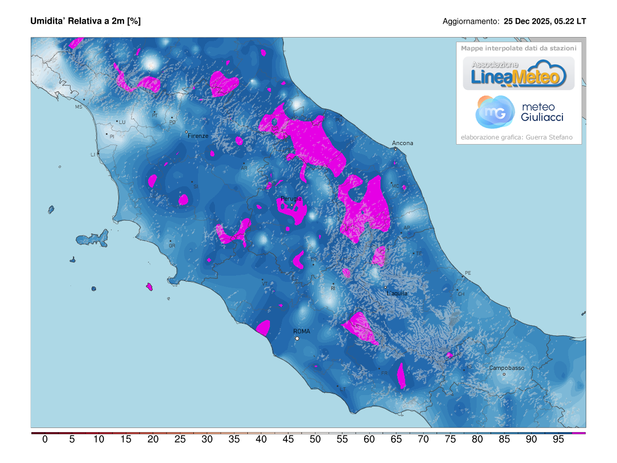 Valori di umidità relativa attuale sulle regioni del centro
