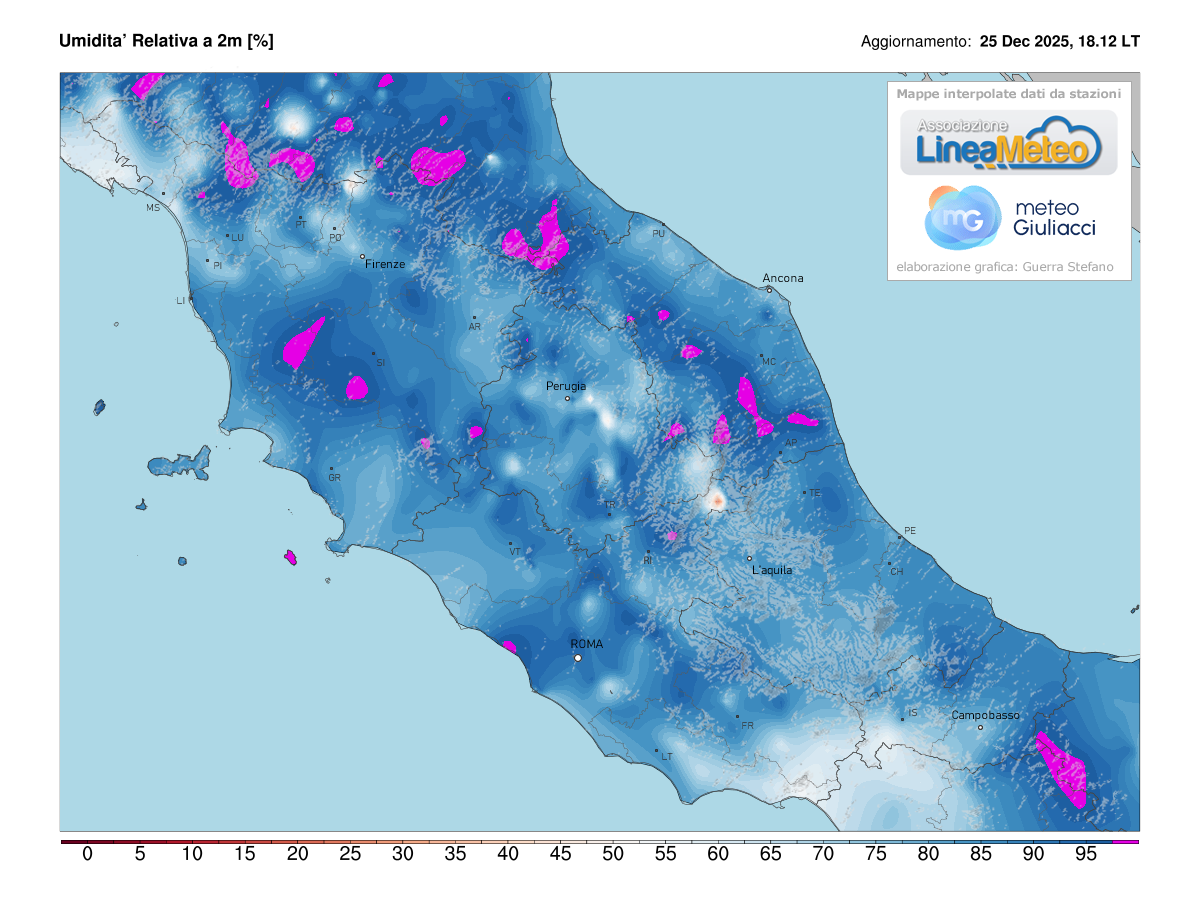 Valori di umidità relativa attuale sulle regioni del centro