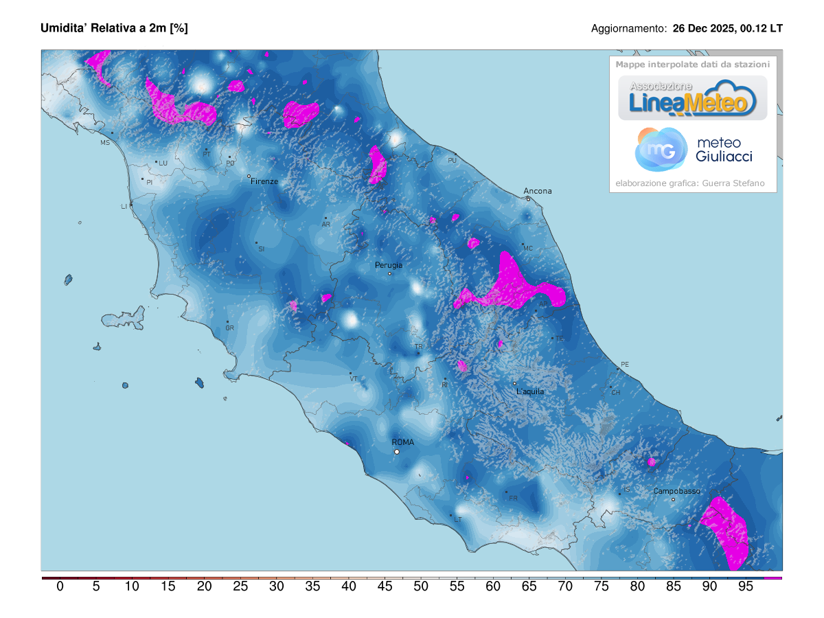 Valori di umidità relativa attuale sulle regioni del centro