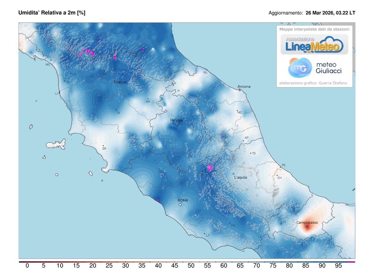 Valori di umidità relativa attuale sulle regioni del centro