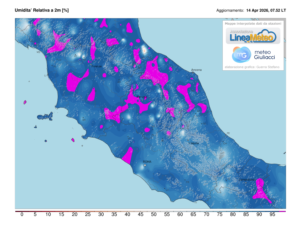 Valori di umidità relativa attuale sulle regioni del centro