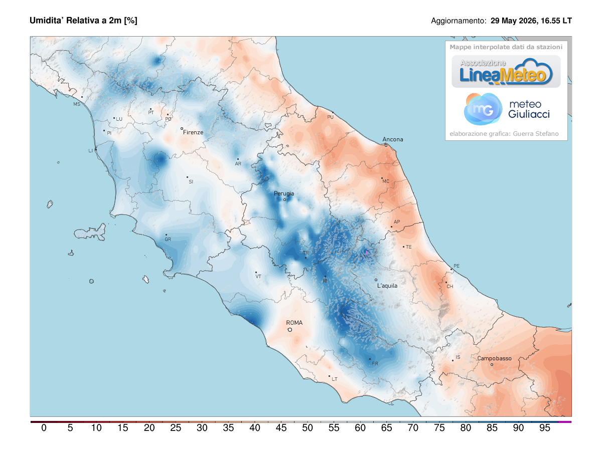Valori di umidità relativa attuale sulle regioni del centro