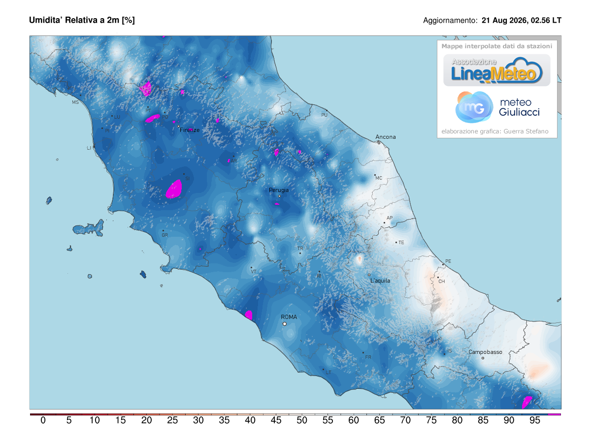 Valori di umidità relativa attuale sulle regioni del centro