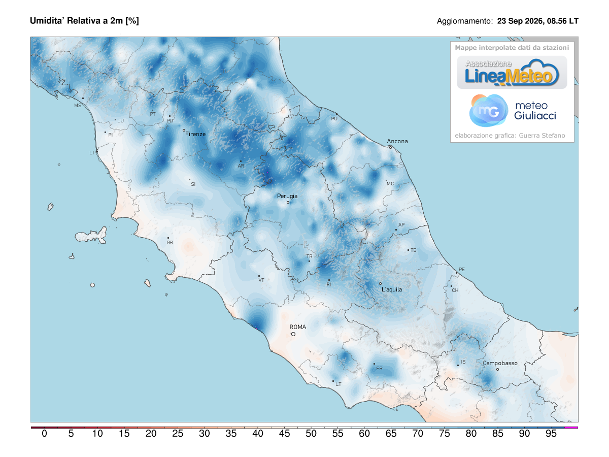 Valori di umidità relativa attuale sulle regioni del centro
