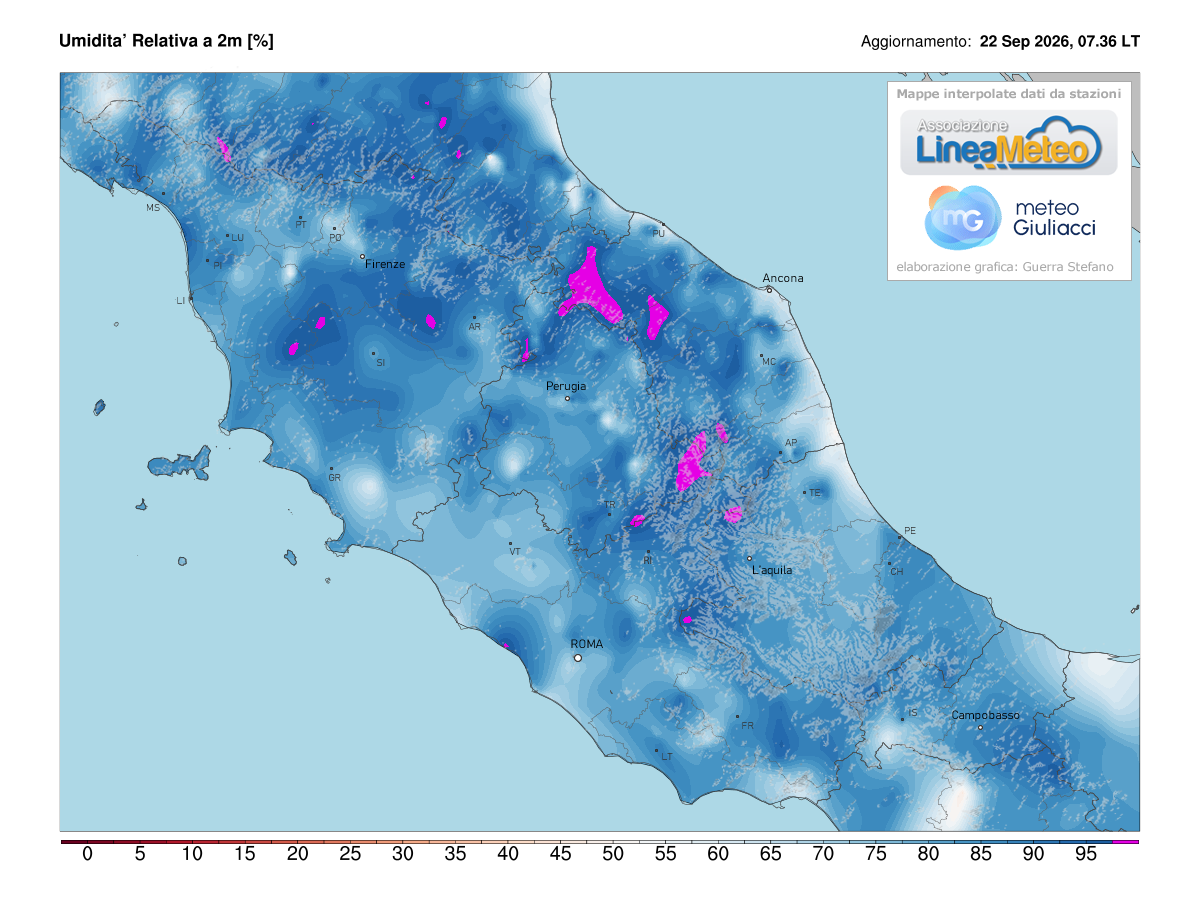 Valori di umidità relativa attuale sulle regioni del centro