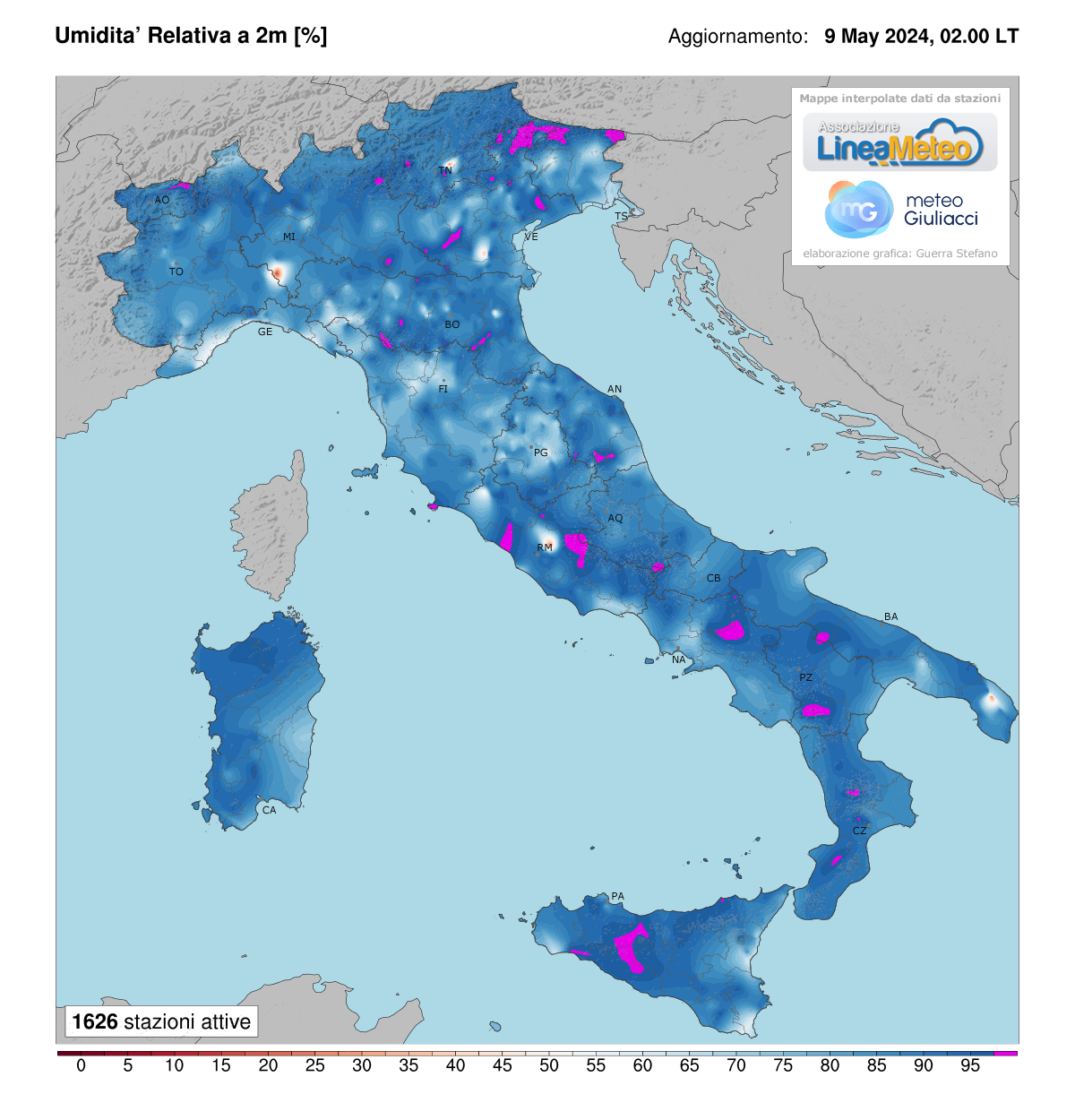 Valori di umidità relativa attuale in Italia