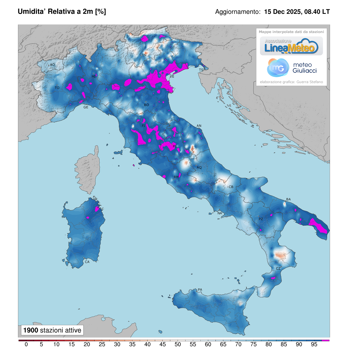 Valori di umidità relativa attuale in Italia
