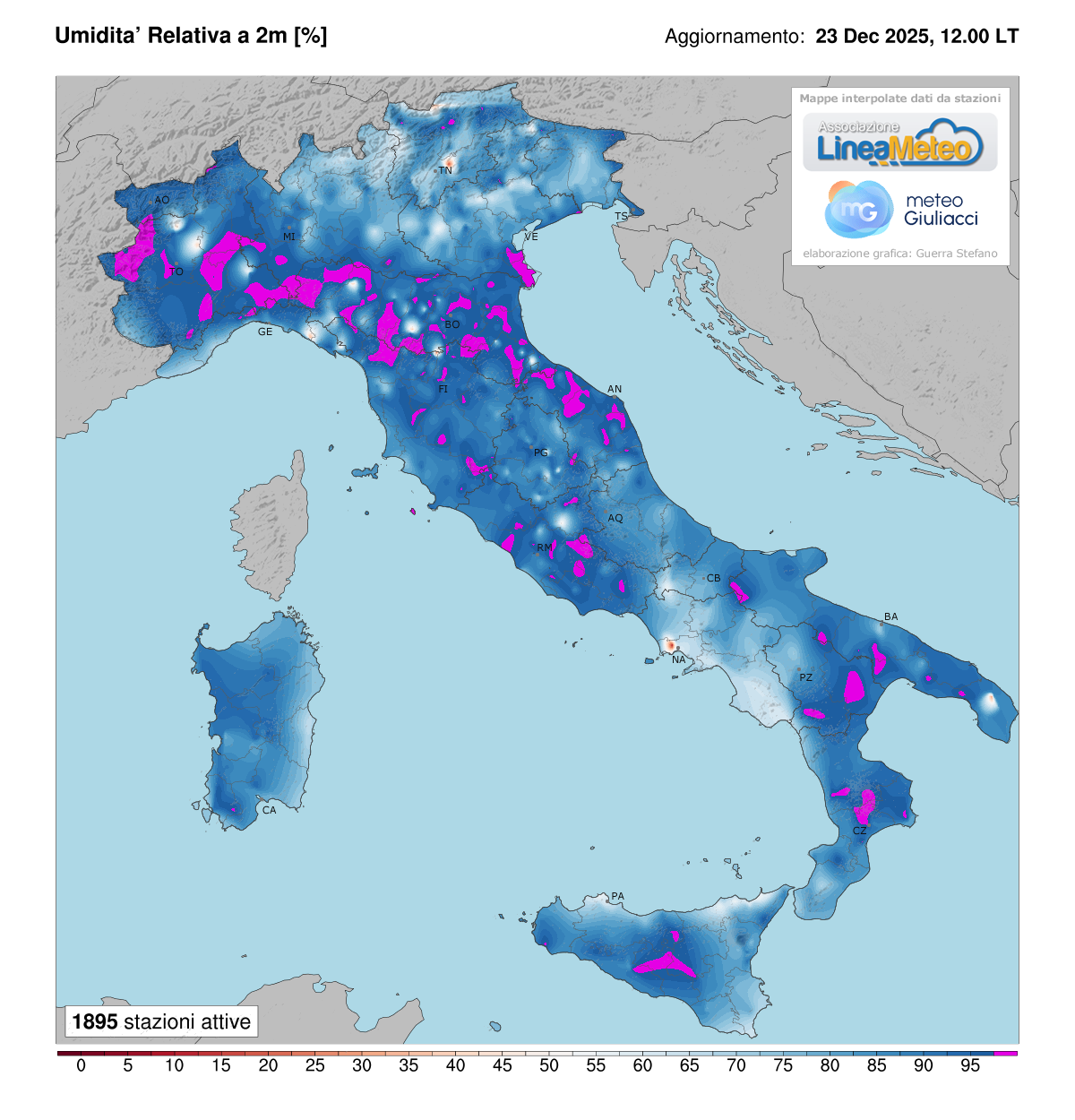 Valori di umidità relativa attuale in Italia