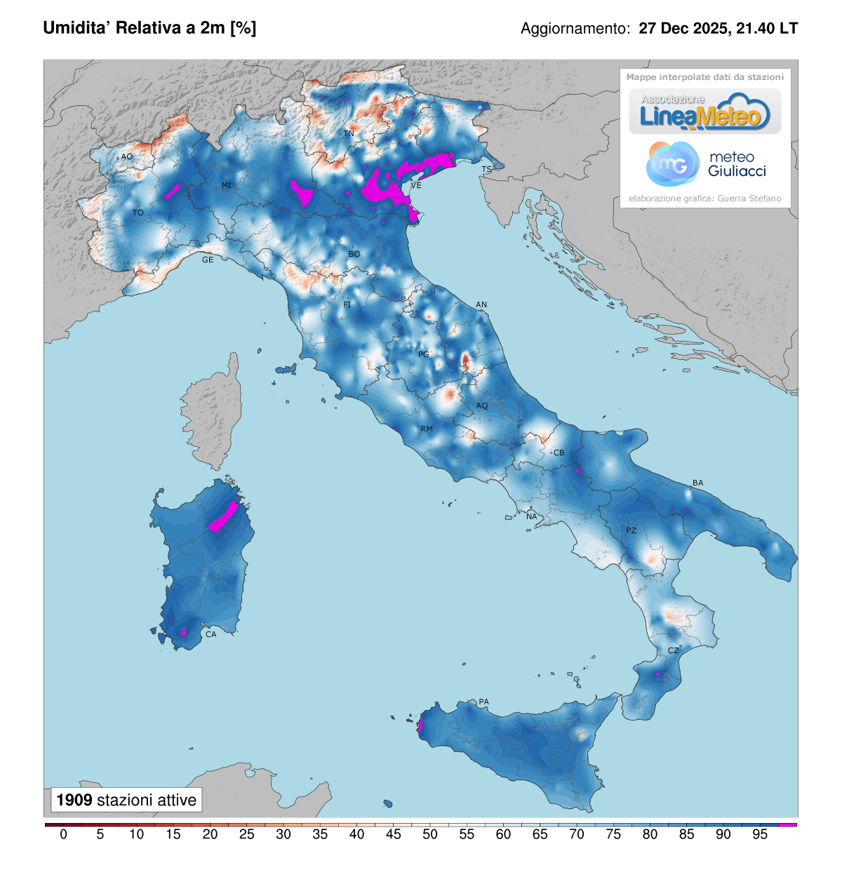 Valori di umidità relativa attuale in Italia