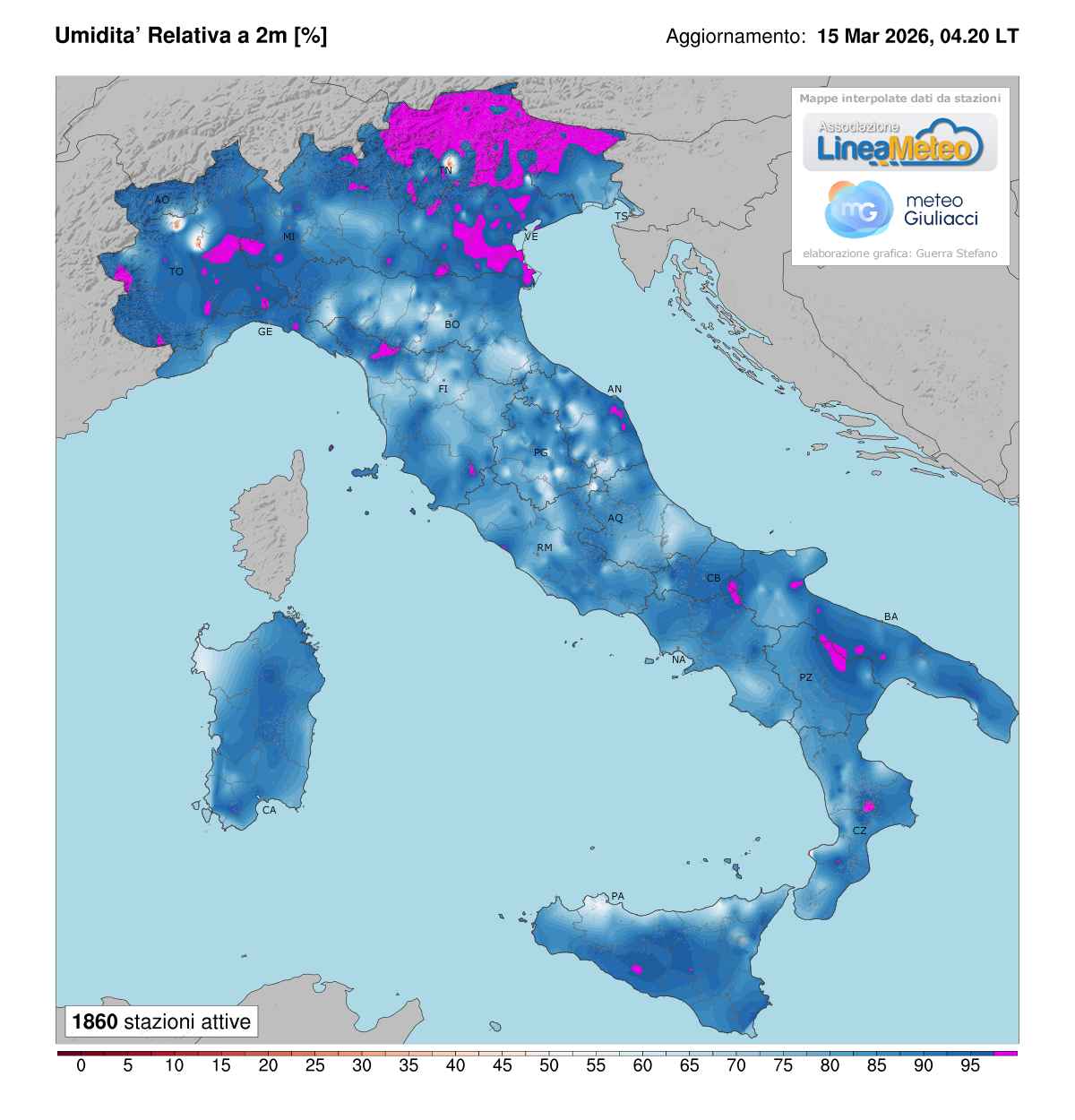 Valori di umidità relativa attuale in Italia