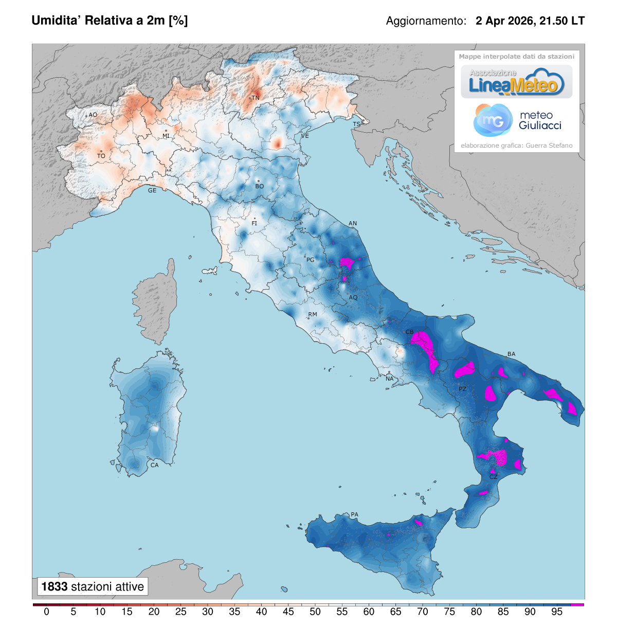 Valori di umidità relativa attuale in Italia
