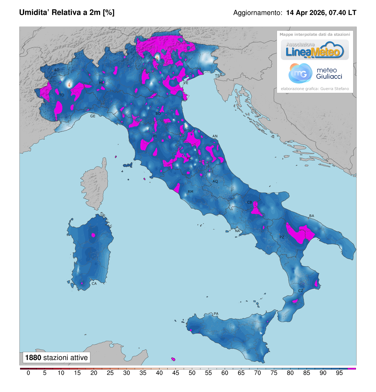 Valori di umidità relativa attuale in Italia