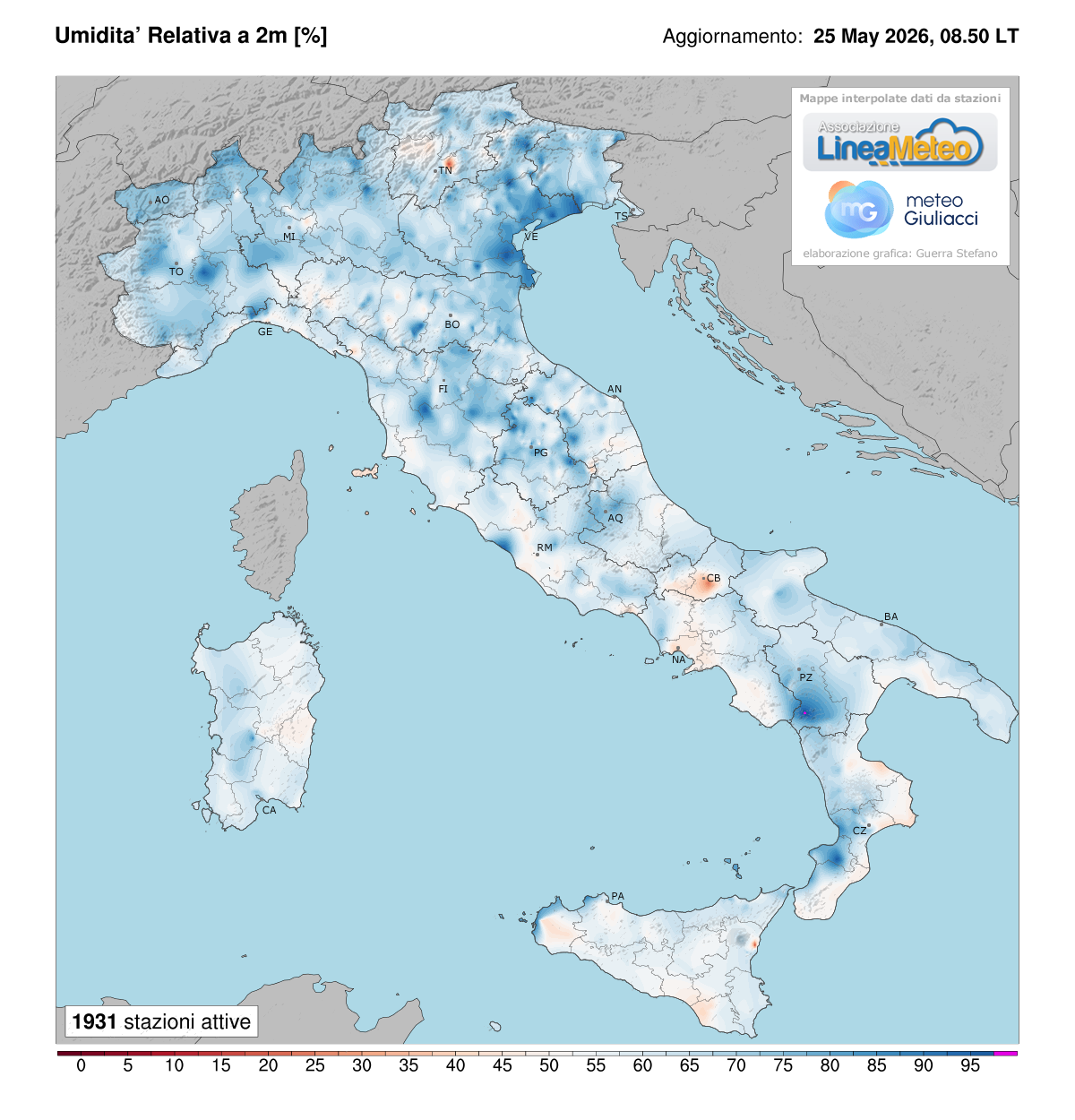 Valori di umidità relativa attuale in Italia