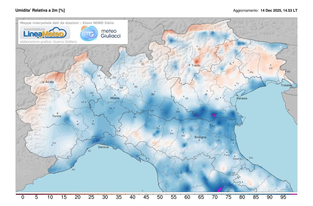 Valori di umidità relativa attuale sulle regioni del nord