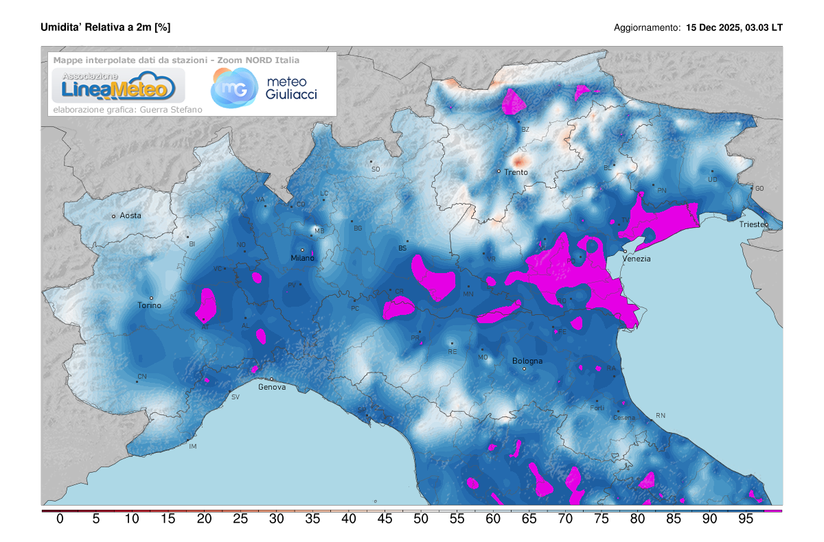 Valori di umidità relativa attuale sulle regioni del nord