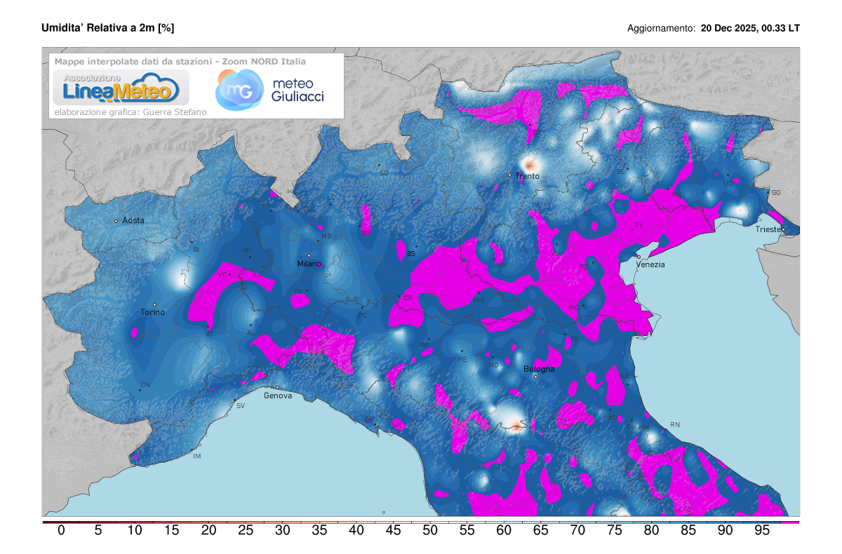 Valori di umidità relativa attuale sulle regioni del nord