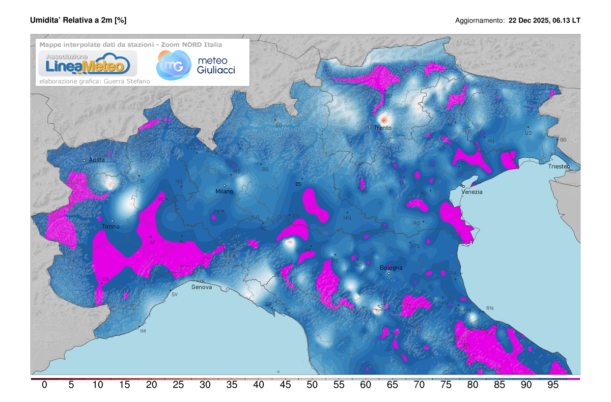 Valori di umidità relativa attuale sulle regioni del nord