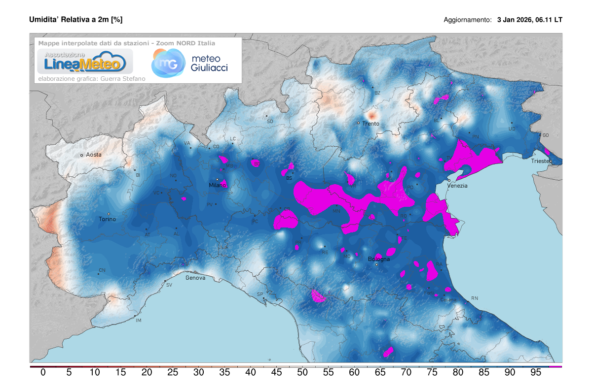 Valori di umidità relativa attuale sulle regioni del nord