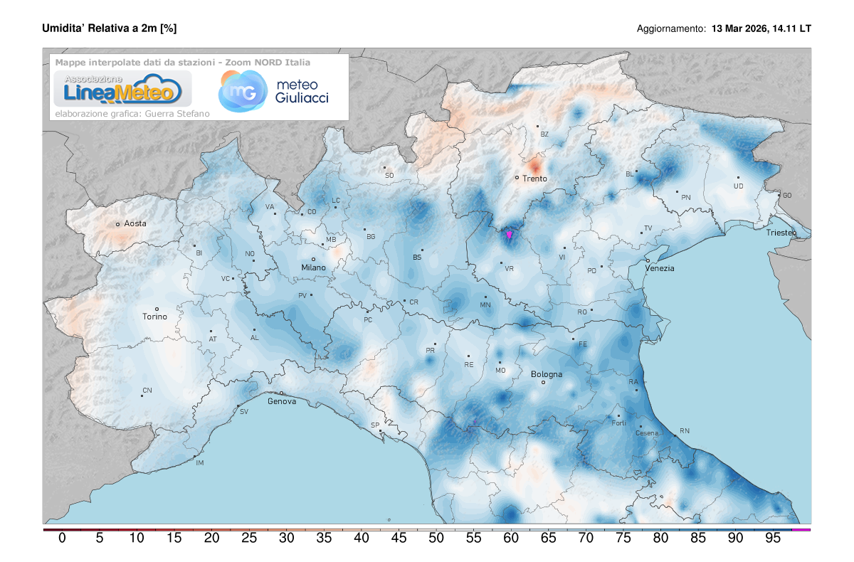 Valori di umidità relativa attuale sulle regioni del nord