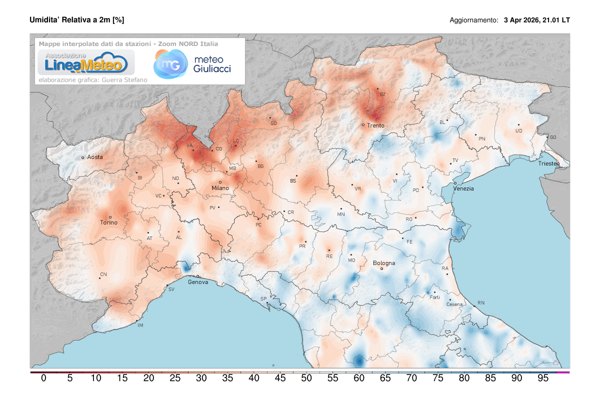 Valori di umidità relativa attuale sulle regioni del nord