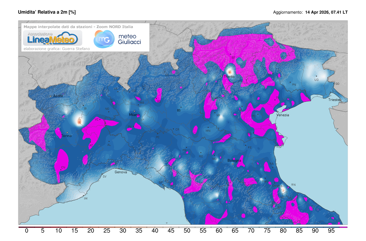 Valori di umidità relativa attuale sulle regioni del nord