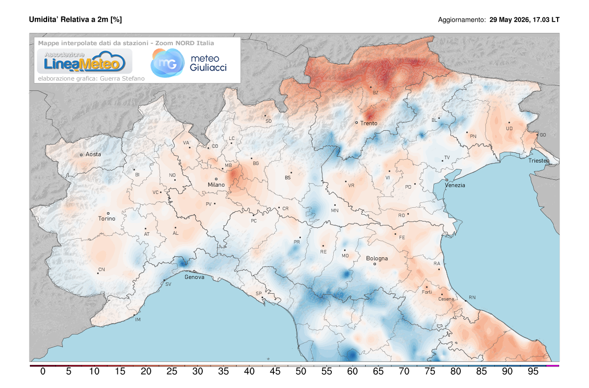Valori di umidità relativa attuale sulle regioni del nord
