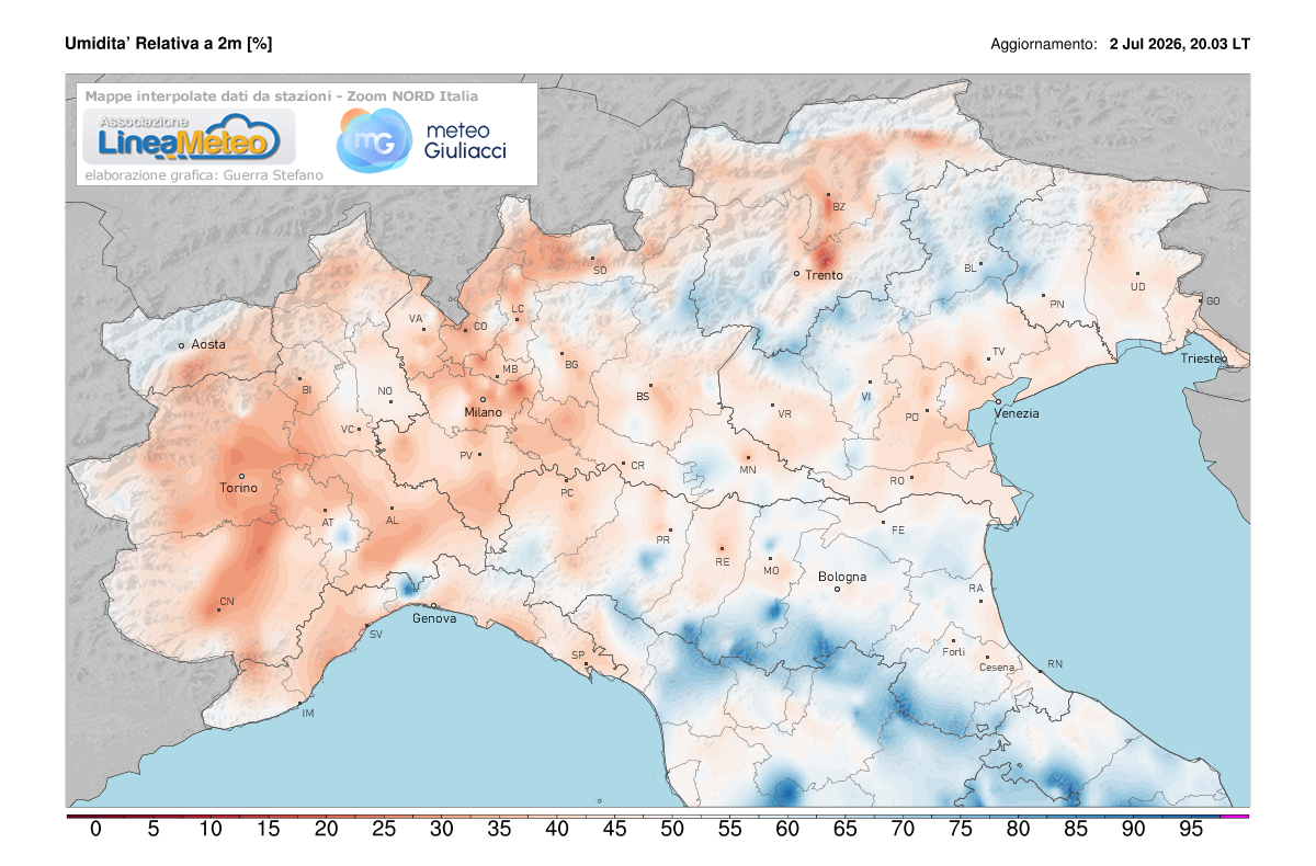 Valori di umidità relativa attuale sulle regioni del nord