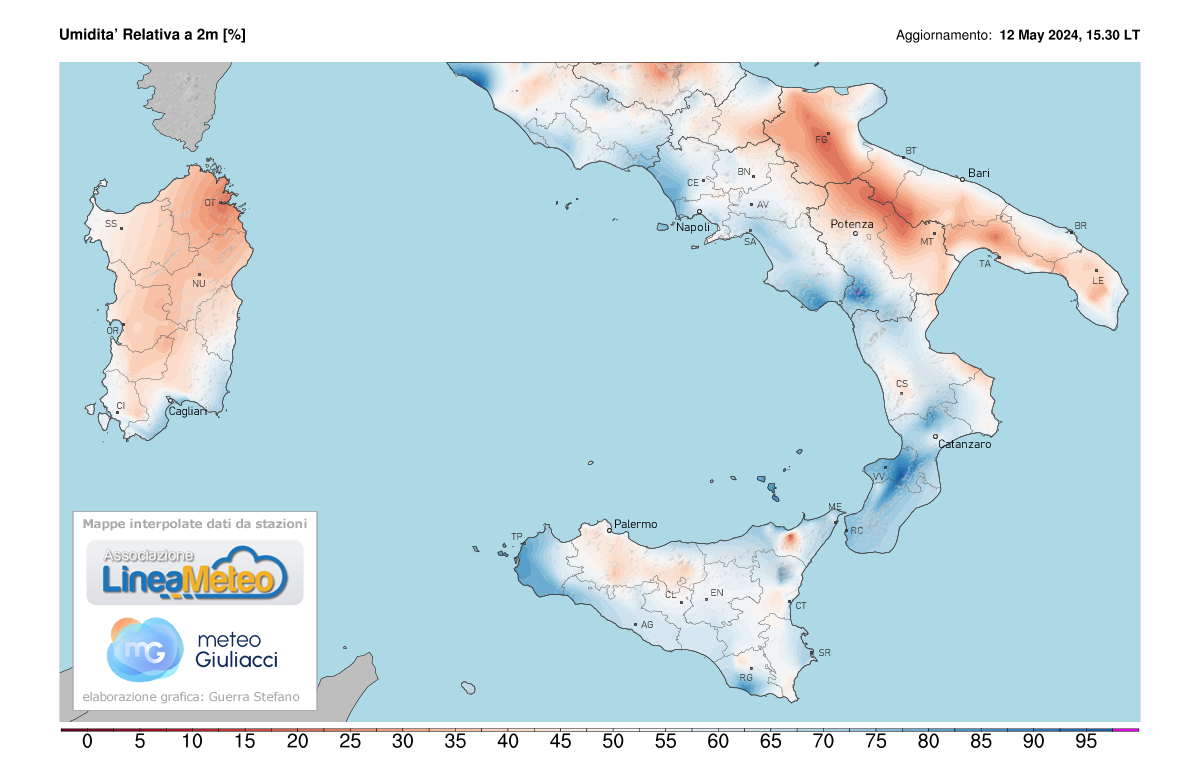 Valori di umidità relativa attuale sulle regioni del sud