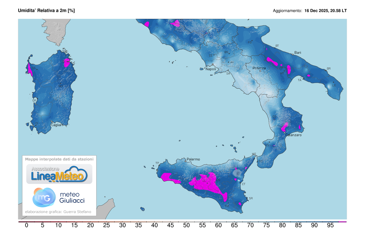 Valori di umidità relativa attuale sulle regioni del sud