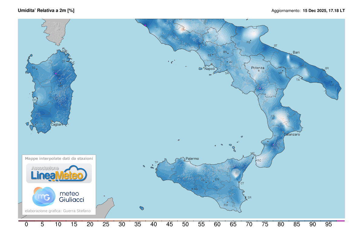 Valori di umidità relativa attuale sulle regioni del sud