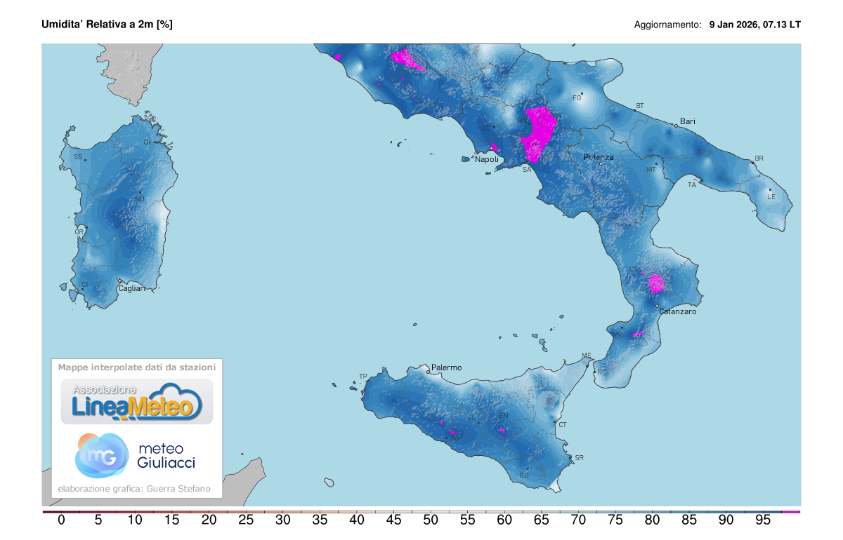 Valori di umidità relativa attuale sulle regioni del sud
