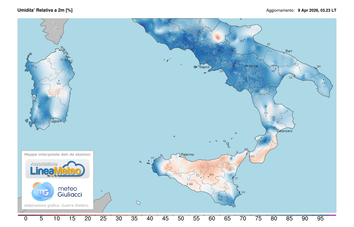 Valori di umidità relativa attuale sulle regioni del sud