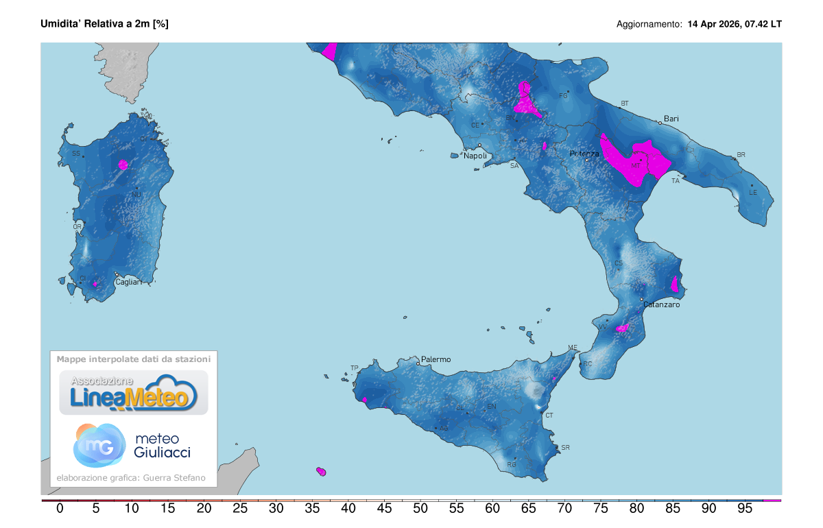 Valori di umidità relativa attuale sulle regioni del sud
