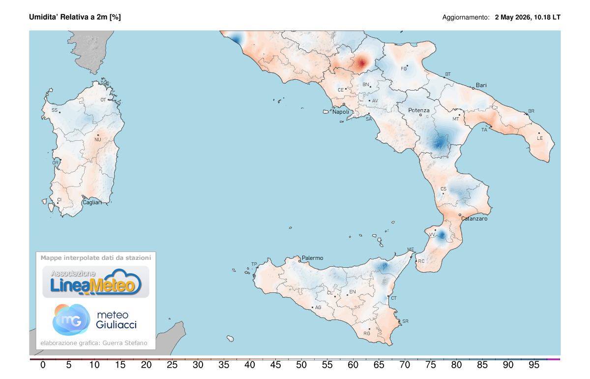 Valori di umidità relativa attuale sulle regioni del sud